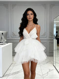 V Neck Short Mini Ruffles White Wedding Dress