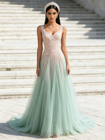 Tulle Pink Appliques Light Green A Line Prom Dress