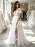 A Line Tulle Cap Sleeve Sheer Scoop Wedding Dress With Slit
