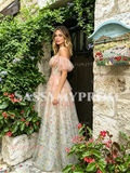 Pink Off The Shoulder Print Floral Tulle Prom Dress