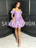 Sweetheart Neck Lilac Satin Layered Mini Short Sleeve Homecoming Dress