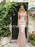 Off The Shoulder Tulle Ruched Sequin Pink Prom Dress