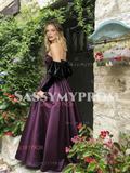 Long Sleeves Ball Gown Purple Satin Prom Dress