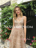 V Neck Layers Champagne Tulle Beading A Line Prom Dress