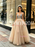 Beading Colorful A Line Champagne Strapless Tulle Prom Dress