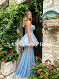 Light Blue Sweetheart Beading Flower Tulle Prom Dress