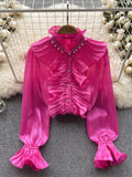 Ruffled Collar Pearl Embellishments Hot Pink Blouse