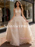 Halter Champagne Lace A Line Wedding Dress