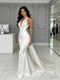 Trumpet Mermaid Satin White Halter V Neck Wedding Dress With Train