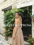 V Neck Layers Champagne Tulle Beading A Line Prom Dress