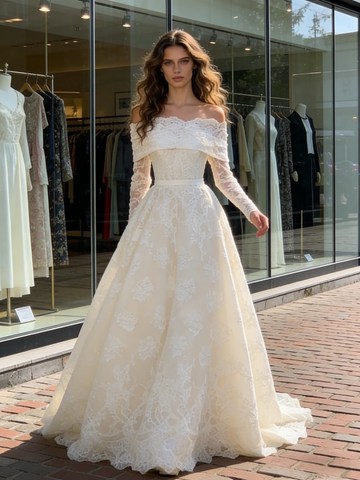 Long Sleeve Lace Off The Shoulder A Line Wedding Dress