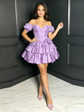 Sweetheart Neck Lilac Satin Layered Mini Short Sleeve Homecoming Dress