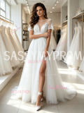 A Line Tulle Cap Sleeve Sheer Scoop Wedding Dress With Slit