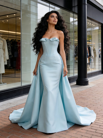 Trumpet Mermaid Strapless Light Blue Satin Prom Dress
