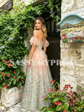 Pink Off The Shoulder Print Floral Tulle Prom Dress