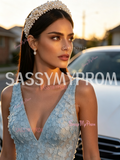 V Neck A Line Flower Backless Light Blue Tulle Prom Dress
