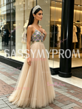 Beading Colorful A Line Champagne Strapless Tulle Prom Dress