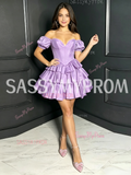 Sweetheart Neck Lilac Satin Layered Mini Short Sleeve Homecoming Dress