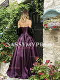 Long Sleeves Ball Gown Purple Satin Prom Dress