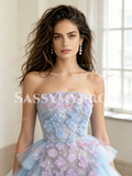Strapless Tulle Flowers A Line Detachable Train Blue Prom Dress