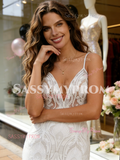 V Neck Trumpet Mermaid Lace Sweep Train Wedding Dress