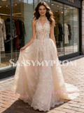 Halter Champagne Lace A Line Wedding Dress