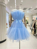 Pleats Short Blue Tulle Homecoming Dress with Bow