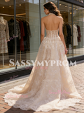 Halter Champagne Lace A Line Wedding Dress