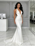 Halter Trumpet Mermaid Satin Backless Wedding Dress