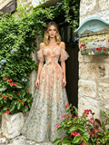 Pink Off The Shoulder Print Floral Tulle Prom Dress