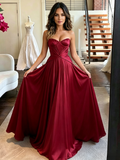 Red Sweetheart Pleated Satin A-Line Prom Dress