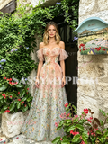 Pink Off The Shoulder Print Floral Tulle Prom Dress