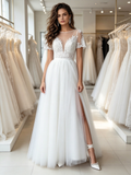 A Line Tulle Cap Sleeve Sheer Scoop Wedding Dress With Slit