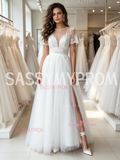 A Line Tulle Cap Sleeve Sheer Scoop Wedding Dress With Slit