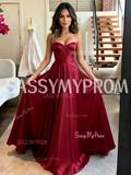 Red Sweetheart Pleated Satin A-Line Prom Dress