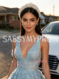 V Neck A Line Flower Backless Light Blue Tulle Prom Dress