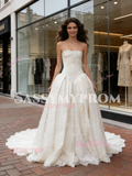Strapless Satin A Line Lace Sleeveless Wedding Dress