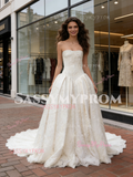 Strapless Satin A Line Lace Sleeveless Wedding Dress
