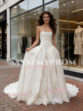 Strapless Satin A Line Lace Sleeveless Wedding Dress
