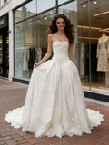 Strapless Satin A Line Lace Sleeveless Wedding Dress