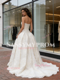 Strapless Satin A Line Lace Sleeveless Wedding Dress