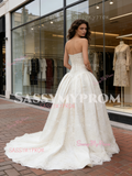 Strapless Satin A Line Lace Sleeveless Wedding Dress