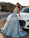 V Neck A Line Flower Backless Light Blue Tulle Prom Dress