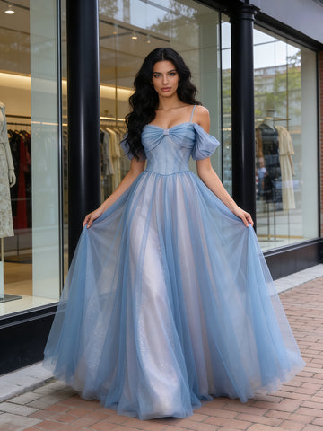 Tulle A Line Blue Sparkle Cold Shoulder Prom Dress