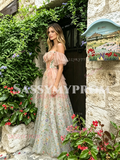 Pink Off The Shoulder Print Floral Tulle Prom Dress