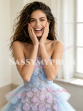 Strapless Tulle Flowers A Line Detachable Train Blue Prom Dress