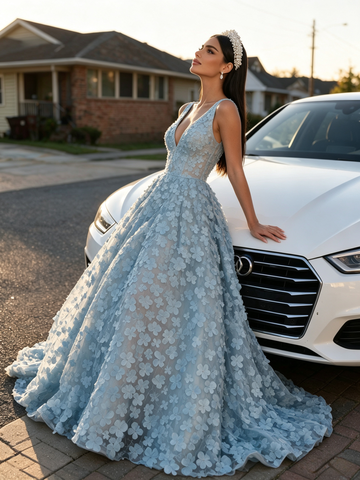 V Neck A Line Flower Backless Light Blue Tulle Prom Dress