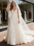 V Neck Lace A Line Sleeveless Sweep Train Wedding Dress