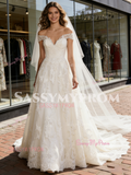 V Neck Lace A Line Sleeveless Sweep Train Wedding Dress
