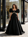 Beading A Line Satin Puffy Sleeve Prom Dress